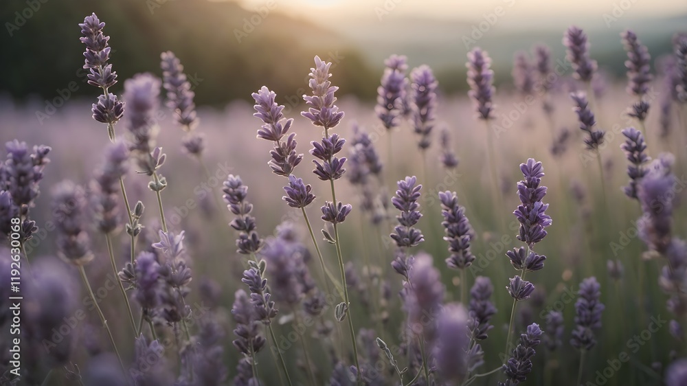 Obraz premium Blooming Purple Lavender Background: A field of vibrant purple background flowers background with a soft, natural texture and a serene atmosphere