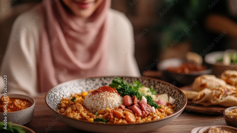 Woman enjoys a delicious and colorful rice dish Woman enjoys a delicious and colorful rice dish