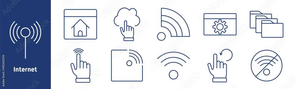Internet set icon. Signal receiver, home page, cloud with tap, RSS feed, settings on browser, folders, connection error, wireless signal, disabled Wi-Fi, data management Internet set icon. Signal receiver, home page, cloud with tap, RSS feed, settings on browser, folders, connection error, wireless signal, disabled Wi-Fi, data management