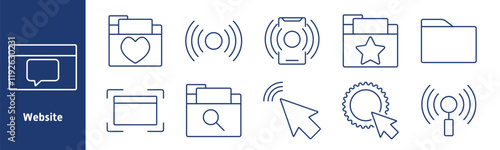 Website set icon. Chat, folder, heart, favorite, search, signal, settings, broadcast, gear, alert, navigation, web page