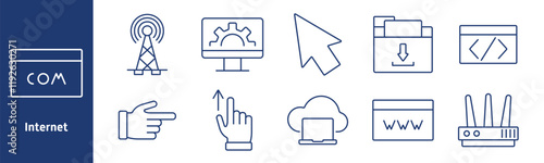 Internet set icon. Domain, signal tower, settings on monitor, cursor, download folder, code, pointing hand, upload, cloud computing, router, worldwide connection, data management