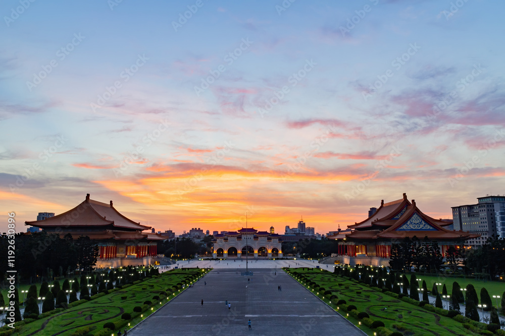 Sunset view of the famous Liberty Square Arch National Concert Hall