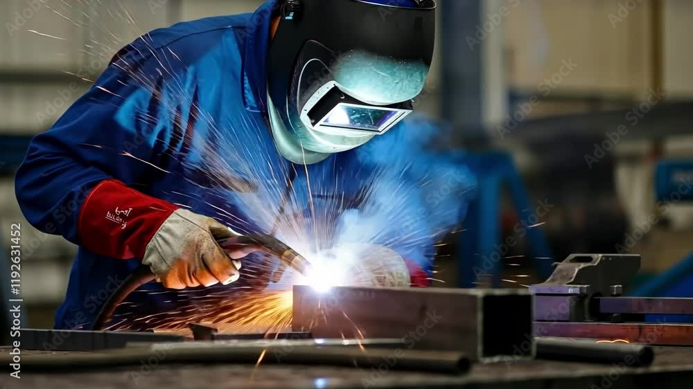 Skilled welder creates bright sparks with precision in industrial workshop setting Skilled welder creates bright sparks with precision in industrial workshop setting