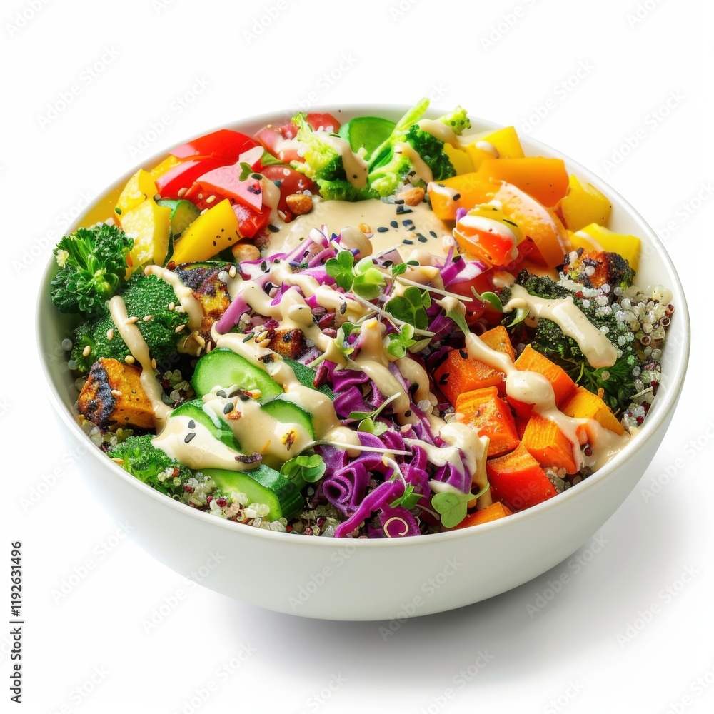 A bowl of colorful quinoa and roasted vegetable salad with lemon tahini dressing, isolated white background, modern art style A bowl of colorful quinoa and roasted vegetable salad with lemon tahini dressing, isolated white background, modern art style
