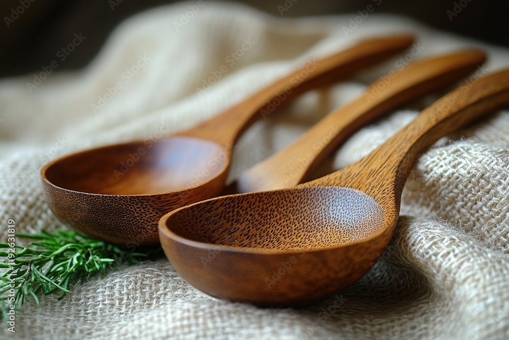Wooden spoons on burlap with herbs, rustic background Wooden spoons on burlap with herbs, rustic background
