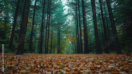 serene forest with tall trees and carpet of colorful leaves