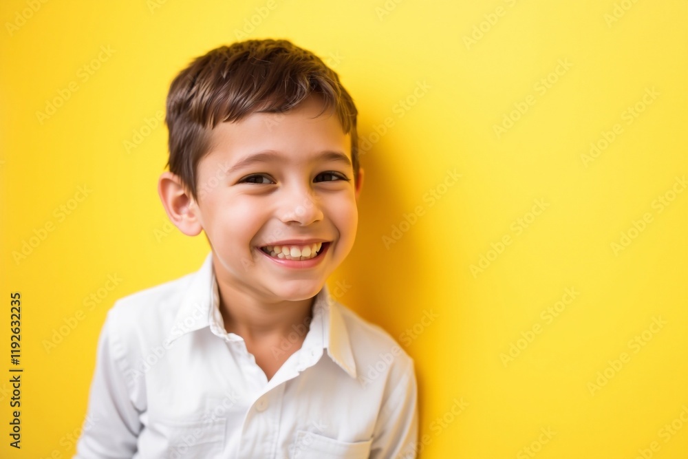 Happy boy in white shirt smiling looking at camera on yellow background Happy boy in white shirt smiling looking at camera on yellow background
