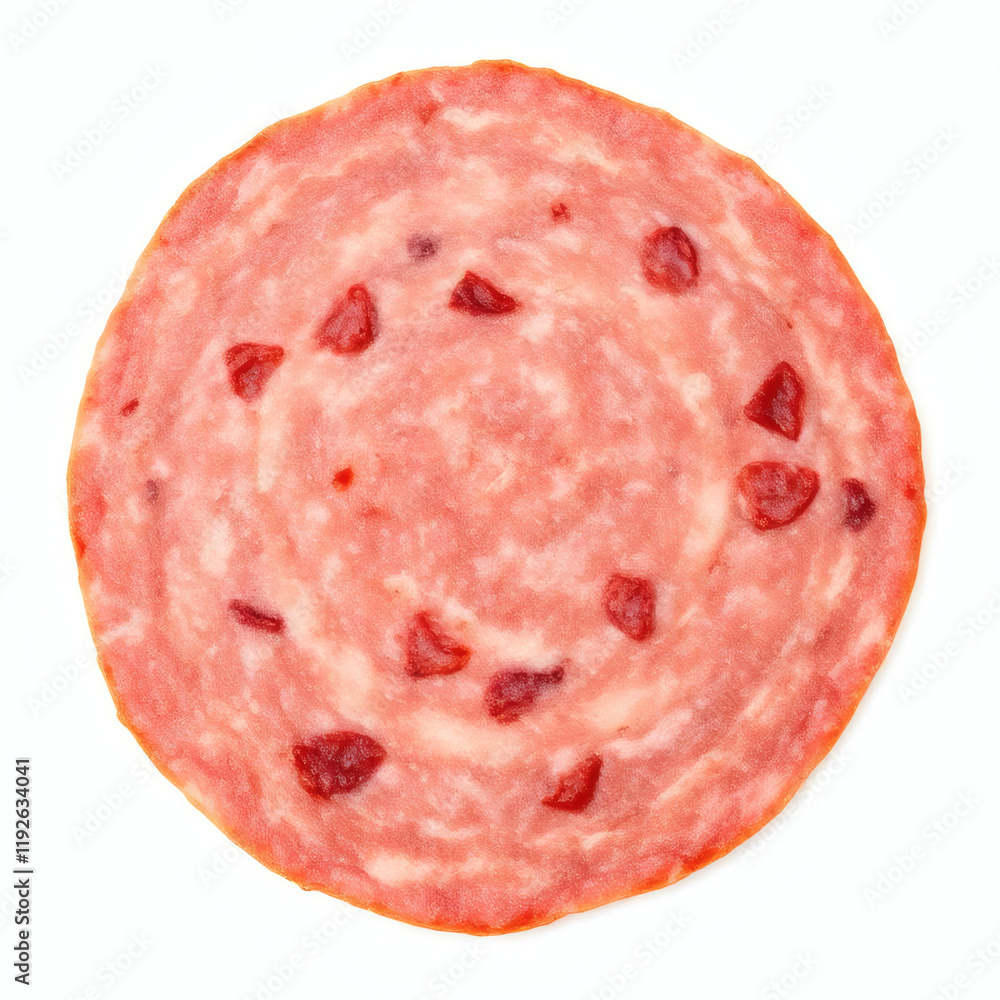 Round slice of salami isolated on white background Round slice of salami isolated on white background