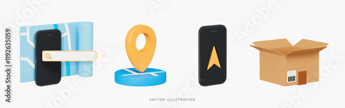 3D Delivery and order tracking icon set concept. Phone with map, search bar and pin location. Open cardboard box. GPS and navigation. Cartoon design icons isolated on white. 3D Vector illustration