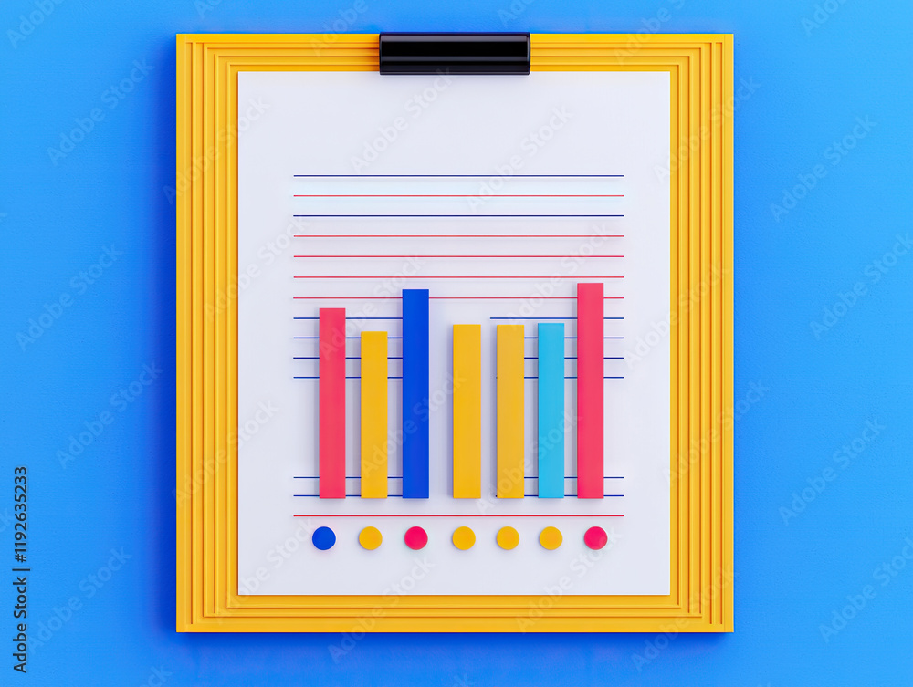 colorful 3D bar chart on clipboard with vibrant yellow frame and blue background colorful 3D bar chart on clipboard with vibrant yellow frame and blue background