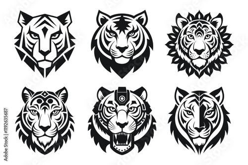collection of tiger head logo design vector illustration, tiger head silhouette art, tiger head logo bundle