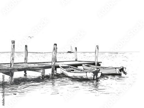 white background, Waterfront pier with boats - isolate on a pier background., drawings in pencil easy, very simple and isolate in the style of animated illustrations, white background