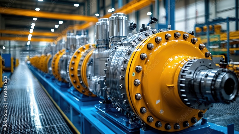 Industrial turbine engines line in a modern factory showcasing advanced technology and precision engineering for aerospace and energy applications Industrial turbine engines line in a modern factory showcasing advanced technology and precision engineering for aerospace and energy applications
