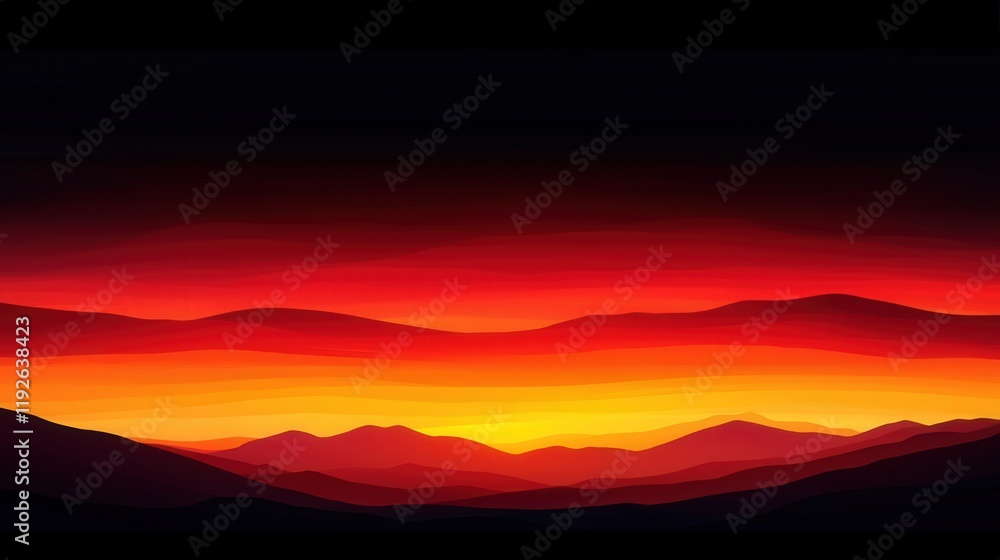 Obraz premium Black background wallpaper gradient and sophisticated, A breathtaking sunset paints the horizon with vivid reds and oranges, contrasting against dark silhouettes of distant mountains.