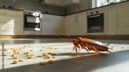 photorealistic close up of German cockroach in kitchen, surrounded by scattered food crumbs. sunlight casts shadows, highlighting insect details and clean environment photo