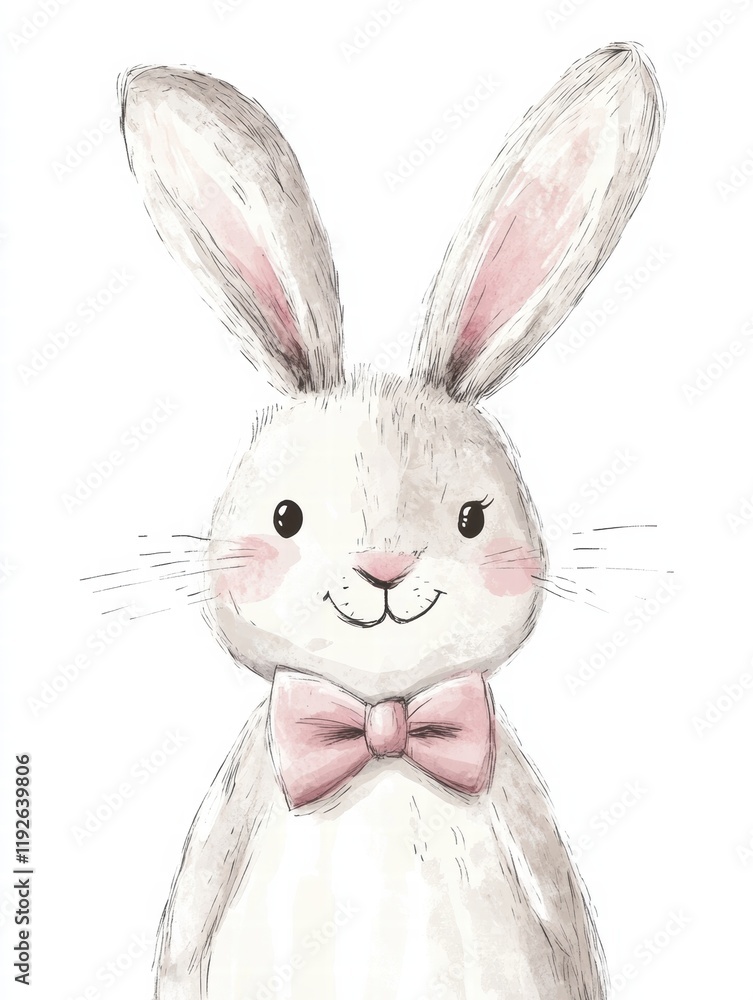 Obraz premium Cute illustrated bunny with a pink bow tie in a fluffy cartoon style, perfect for childrens decor or greeting cards. Generative AI