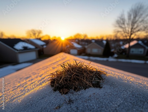 Snowfall accumulation on a roof, structural damage visible under the weight, [weather impact], [residential safety], photo