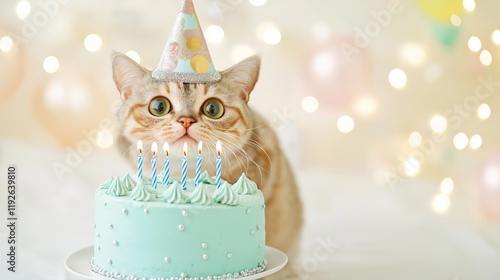 A Bengal cat gazing curiously at a turquoise birthday cake topped with lit candles, set against a softly lit festive background