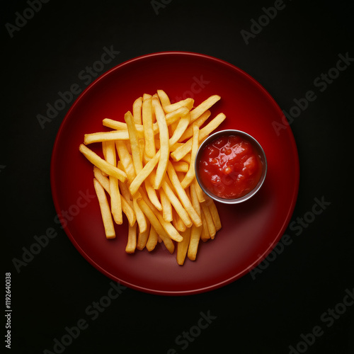 french fries ,on the red plate, top view, ,side in small cupu tomato sauce , dark background  photo