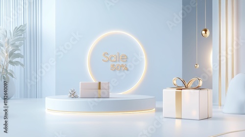 Sale 50% Neon Light Modern minimalist interior with elegant decor and lighting.