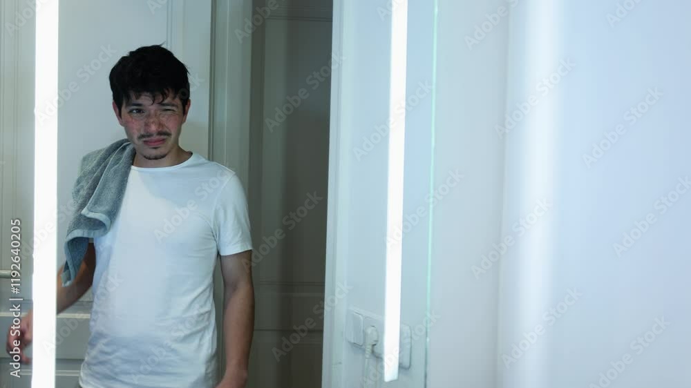 Video of a man who just woke up. brushing his teeth in front of the bathroom mirror, personal hygiene Video of a man who just woke up. brushing his teeth in front of the bathroom mirror, personal hygiene