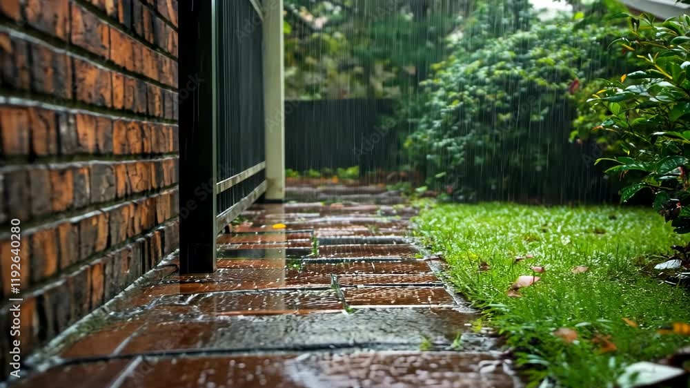 Rainwater trickles along a brick pathway and lush green grass on a stormy day in a peaceful backyard Rainwater trickles along a brick pathway and lush green grass on a stormy day in a peaceful backyard