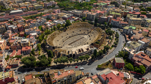 Aerial view of the Flavian Amphitheater, located in Pozzuoli, near Naples. It is the third-largest Roman amphitheater in Italy. It was built by the same architects who constructed the Roman Colosseum.