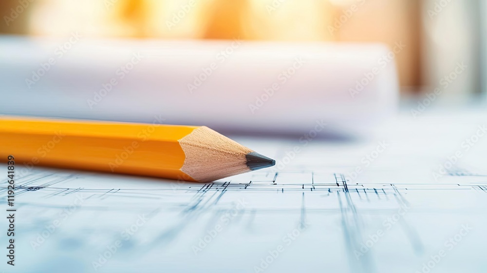 Architect project idea. Close-up of yellow pencil on blueprint paper, symbolizing creativity and design. Architect project idea. Close-up of yellow pencil on blueprint paper, symbolizing creativity and design.