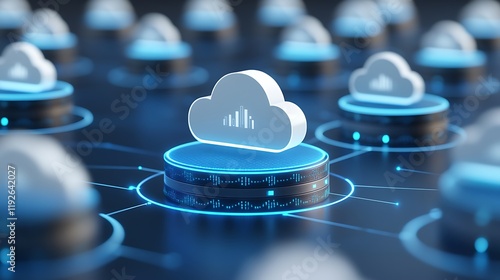 Digital Cloud Computing Network with Data Visualization Elements on Blue Background