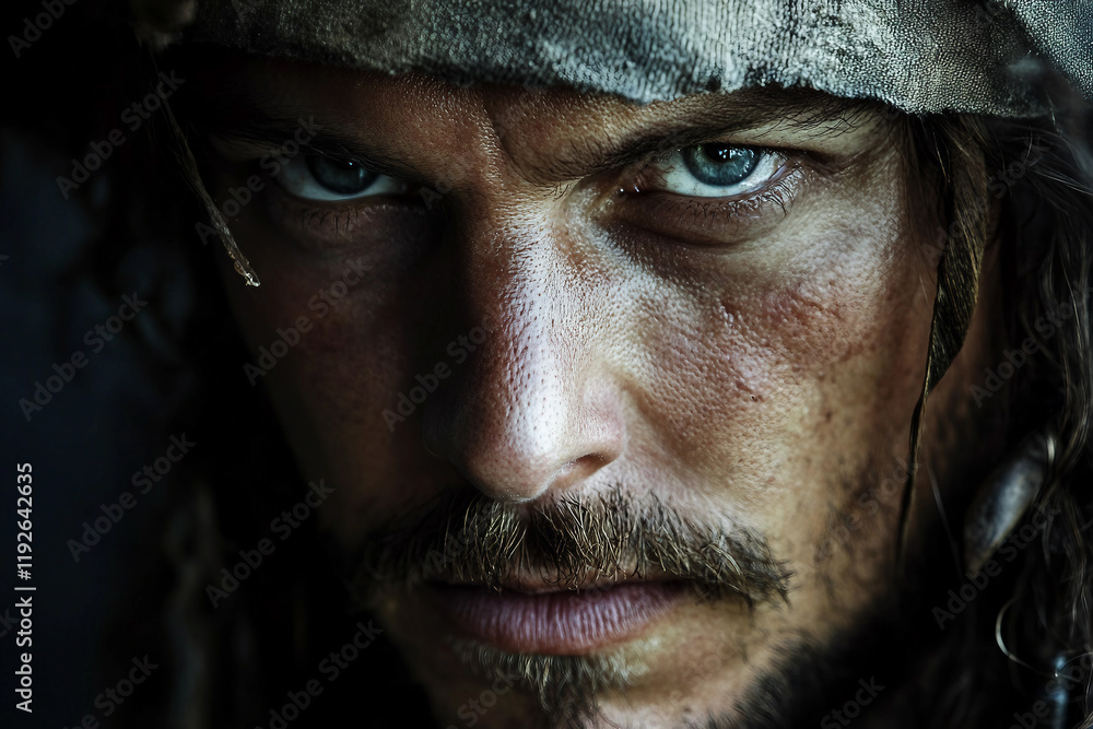 Close-up portrait of pirate character with intense gaze detailed costume ai generative Close-up portrait of pirate character with intense gaze detailed costume ai generative