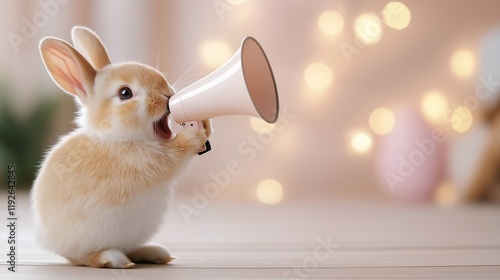 A cute rabbit standing on a wooden surface, holding a small megaphone, set against a warm. Speaks loudly into a microphone, promotion, sale and discounts, message and important informations