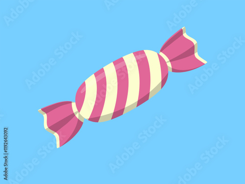 Vector illustration of a striped wrapped candy on a blue background, perfect for sweet-themed designs and playful projects.