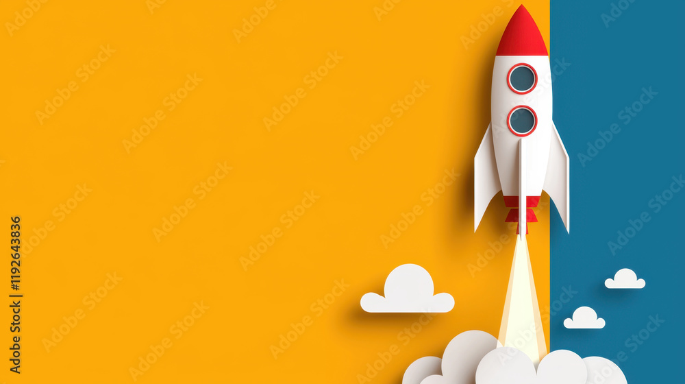 rocket launching with smoke trailing behind it against vibrant background, symbolizing adventure and exploration. colorful design adds playful touch to scene rocket launching with smoke trailing behind it against vibrant background, symbolizing adventure and exploration. colorful design adds playful touch to scene
