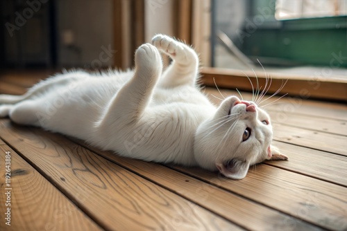 White cat on the floor