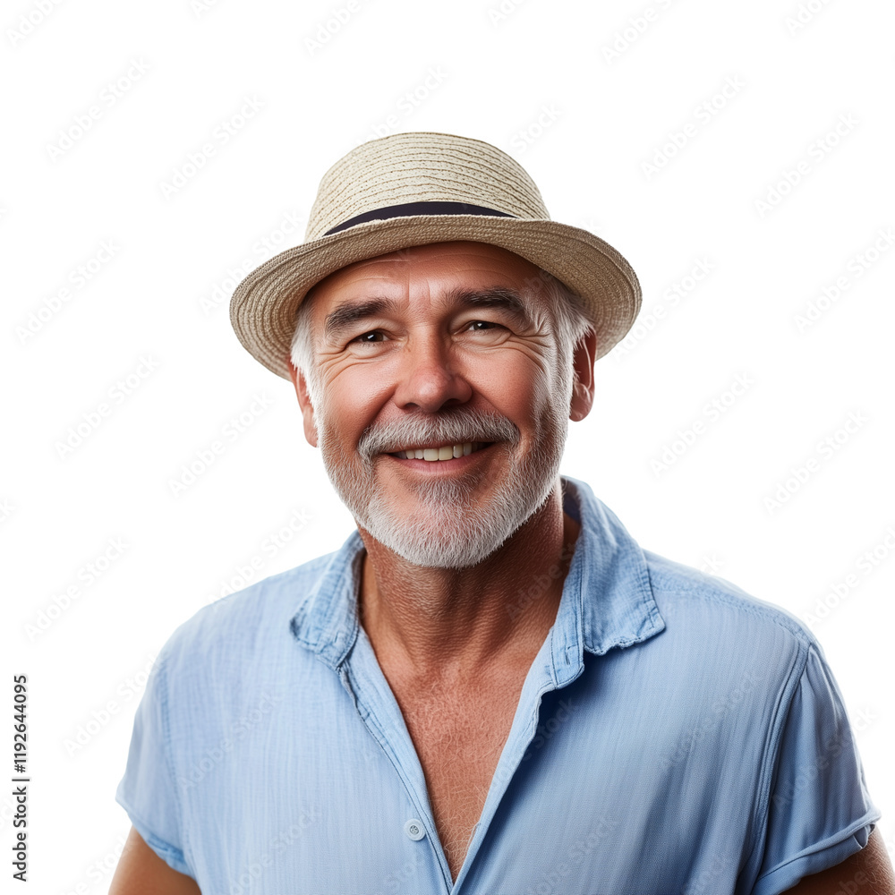 Cheerful senior Caucasian man in hat isolated on transparent background Cheerful senior Caucasian man in hat isolated on transparent background