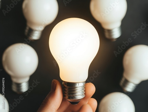 A glowing light bulb held in hand, surrounded by unlit bulbs, symbolizing innovation and creativity. photo