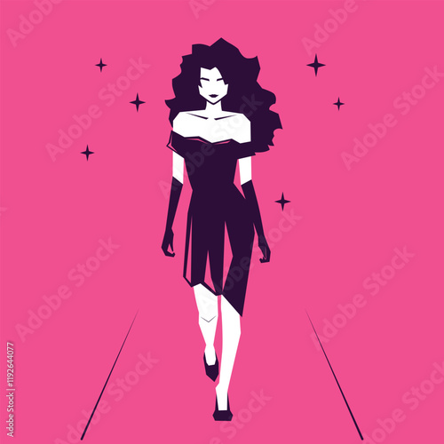 Top model on the runway in a black dress on a pink background