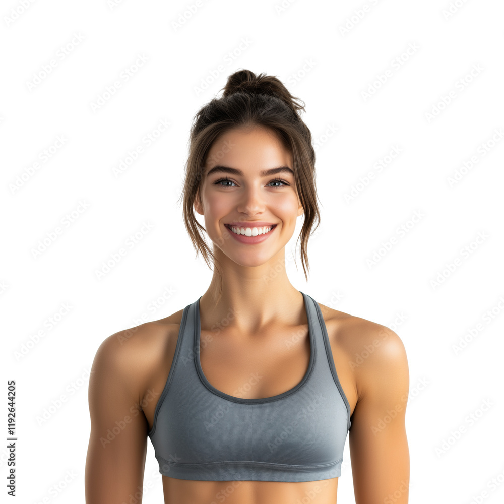 Confident young fitness woman in athletic wear smiling isolated on transparent background Confident young fitness woman in athletic wear smiling isolated on transparent background
