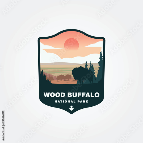 Wood Buffalo National Park features bison sunset trees and a maple leaf logo vector illustration design