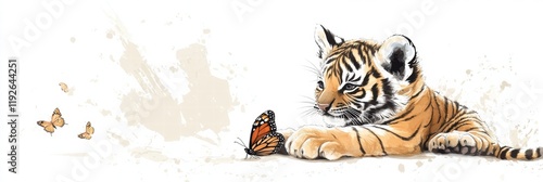 Tender moment of a young tiger observing a butterfly in a serene natural setting. Generative AI
