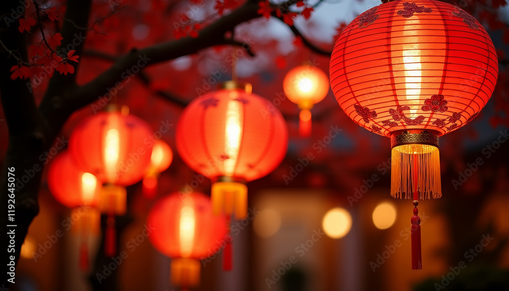 Traditional red lanterns with tassels glowing at night under tree branches. Traditional red lanterns with tassels glowing at night under tree branches.