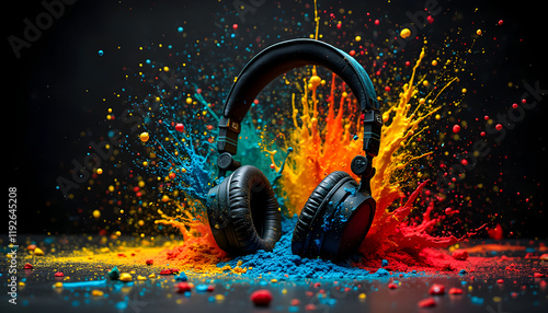 Vibrant splashes of blue, red, and yellow paint burst around black headphones resting on a dark surface. The mix of colors symbolizes the energy and creativity of music.