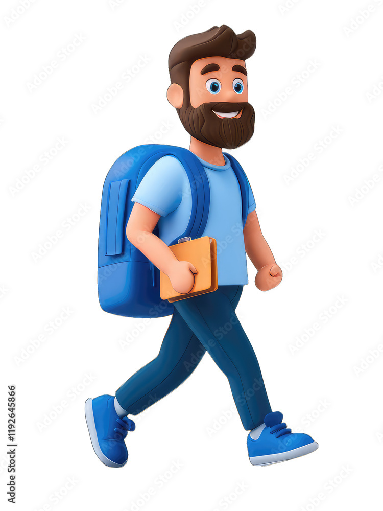 Happy cartoon man with backpack walking. isolated on transparent background. Happy cartoon man with backpack walking. isolated on transparent background.