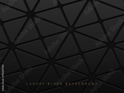 Vector abstract black layered business background with triangles shapes on black. Dark glossy laminate material texture luxury geometric pattern. High-tech banner. Black business cover background