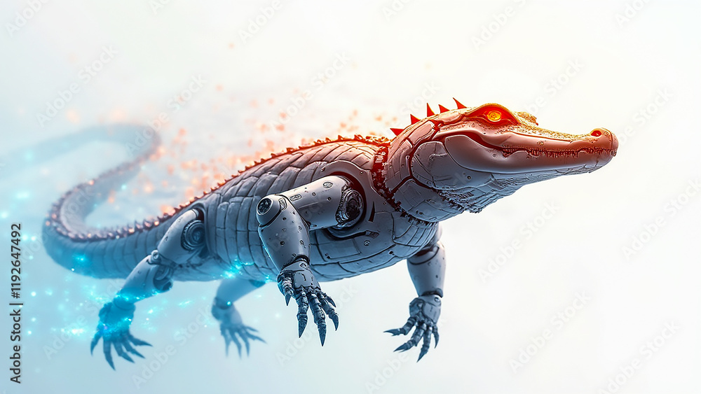 Fototapeta premium A robotic crocodile with glowing eyes and metallic body roams through a dreamlike landscape. The blend of technology and wildlife hints at a futuristic vision of nature.