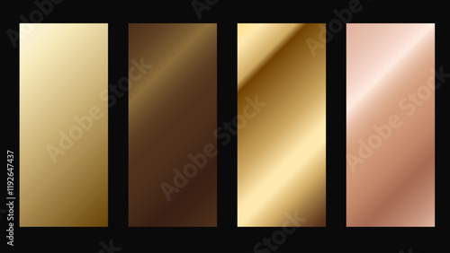 Gold, bronze and pink gold foil texture gradation swatch set. Vector golden elegant, shiny and metalic gradient template for border design, frame, ribbon, label. Rose gold, copper background
