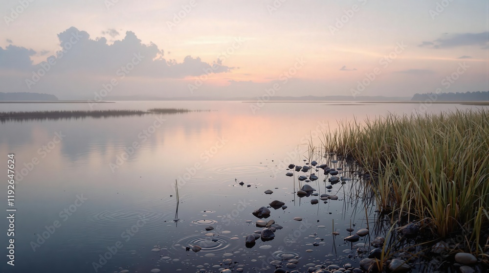Peaceful sunrise over calm lake with mist, reeds, and smooth stones. Serene landscape photography. Perfect for travel, nature, or meditation themes Peaceful sunrise over calm lake with mist, reeds, and smooth stones. Serene landscape photography. Perfect for travel, nature, or meditation themes