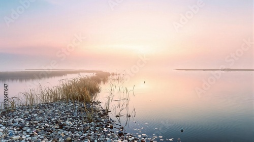 Peaceful sunrise over calm lake with mist, reeds, and smooth stones. Serene landscape photography. Perfect for travel, nature, or meditation themes photo