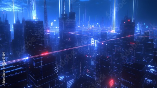 A futuristic cityscape with laser beams connecting buildings, representing high-speed data transmission through laser beam communication technology 