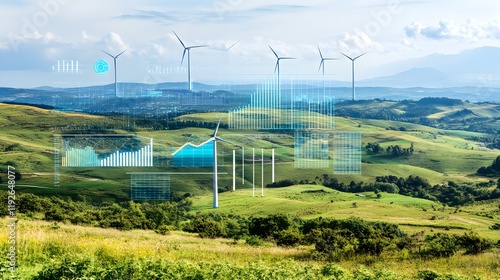 A landscape of solar panels and wind turbines with graphs and charts overlaying the image, symbolizing data-driven carbon management strategies for achieving carbon neutrality 